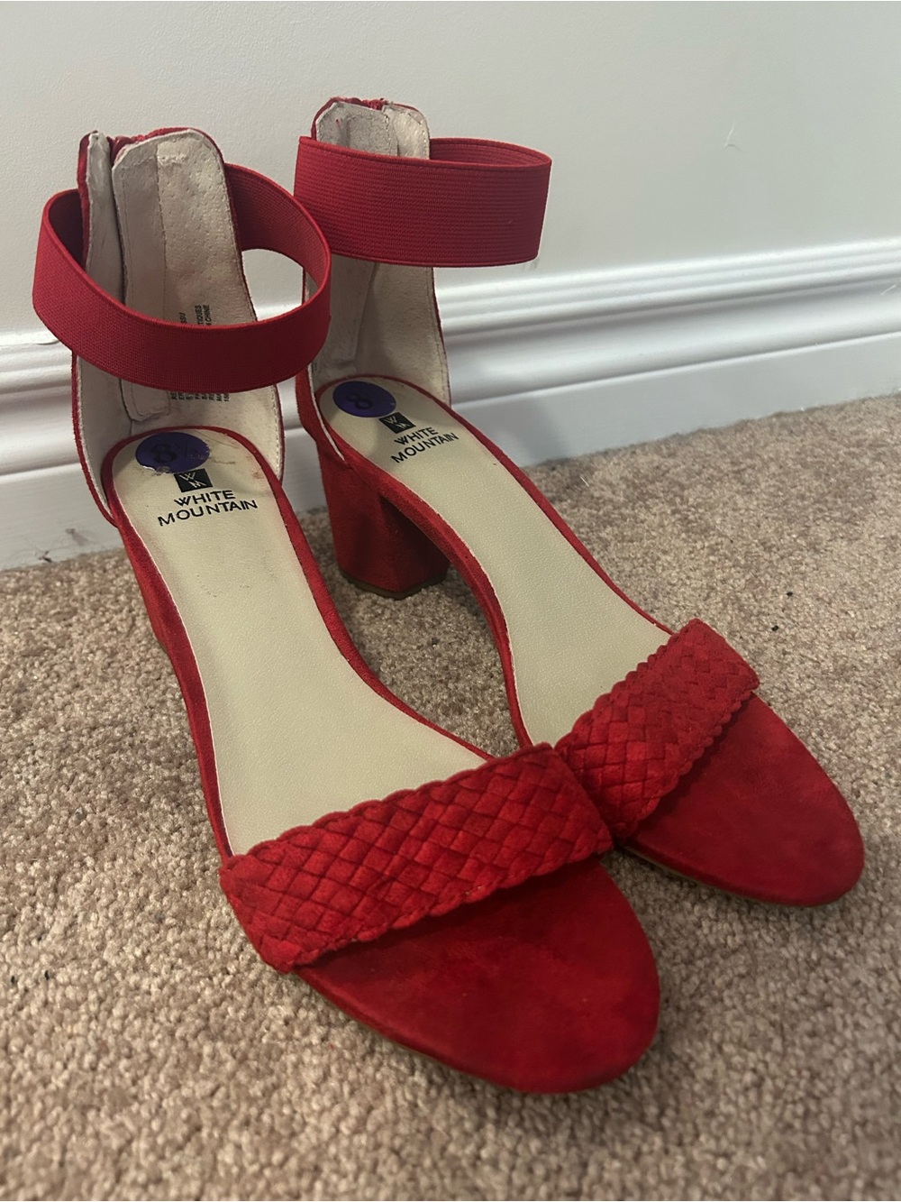White Mountain Red Braided Suede Block Heel Sandals with Ankle Strap